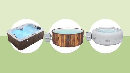 Best hot tubs graphic with green background and two lazy spa models and one hardshell model